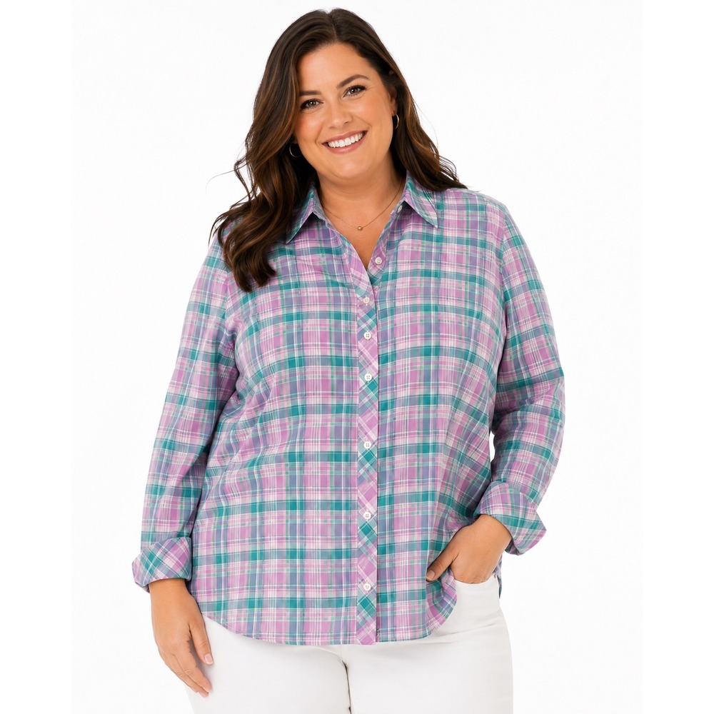 Talbots Plus Womens 1X Plaid Button Front Shirt Purple Teal Cotton 55236638 NEW